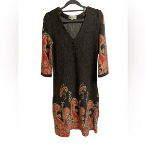 Papillon V-Neck Sweater Dress Paisley Print 3/4 Sleeves Grey Womens Size Small